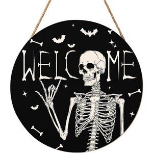Halloween Skull Welcome Door Sign 12x12 Inch Halloween Wreaths for Front Door